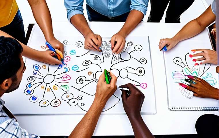 **Image Prompt:** A diverse group of people from different cultures participating in a creative brainstorming session. Focus on bright, collaborative energy and the use of visual aids like whiteboards and colorful markers.