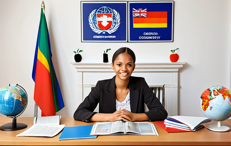 **
"A warm and welcoming international education coordinator sitting at a desk, advising a diverse group of students. The office is bright and filled with brochures from various universities around the world. Emphasis on helpfulness and guidance. Incorporate globes and international flags subtly in the background. Style: Realistic, professional."
**