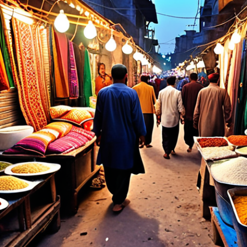 Home 7 **Vibrant Pakistani street scene:** Bustling bazaar, colorful textiles, traditional clothing, delicious street food, warm evening light.