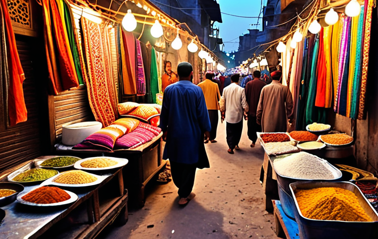 **Vibrant Pakistani street scene:** Bustling bazaar, colorful textiles, traditional clothing, delicious street food, warm evening light.